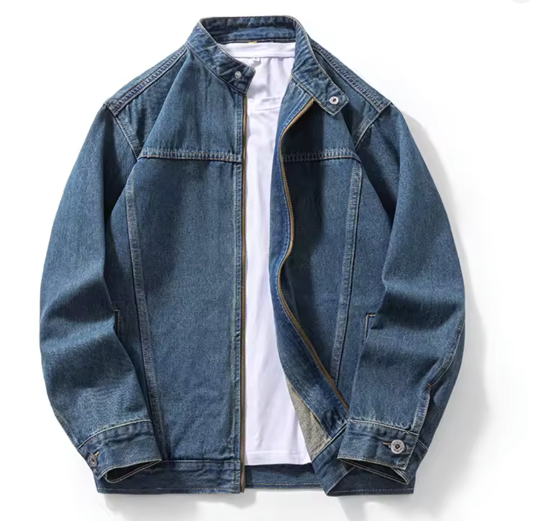 Dark Wash Denim Jacket | Retro Zip-Up Stand Collar Trucker Jacket
