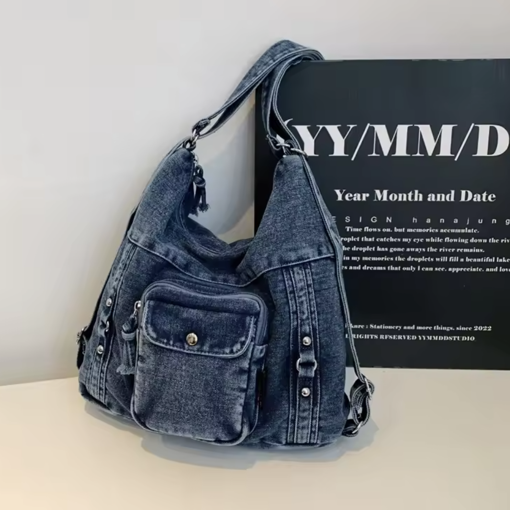 Denim Hobo Bag | Retro Y2K Washed Shoulder Bag with Multi-Pockets