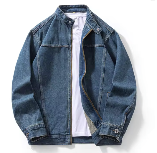 Dark Wash Denim Jacket | Retro Zip-Up Stand Collar Trucker Jacket