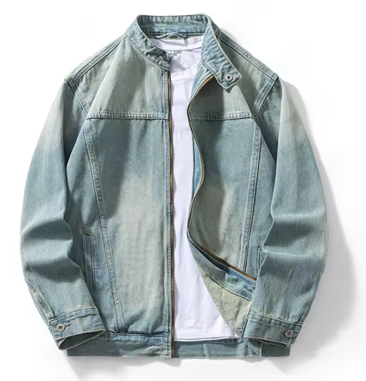 Light Wash Denim Jacket | Retro Zip-Up Stand Collar Trucker Jacket